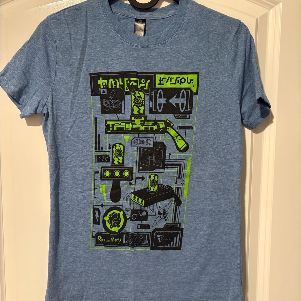 Loot Crate Blue Tee with Neon Green Graphic Rick and Morty Women’s Tee